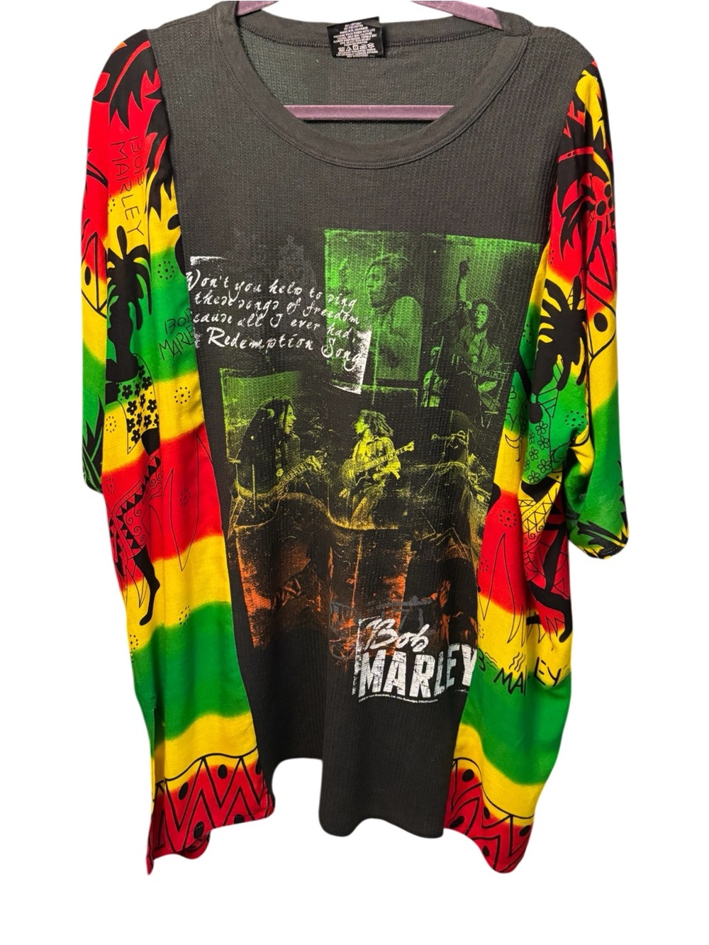 Bob Marley Graphic Rasta Tee - Black upcycled with Red/Yellow/Green Print Shirt